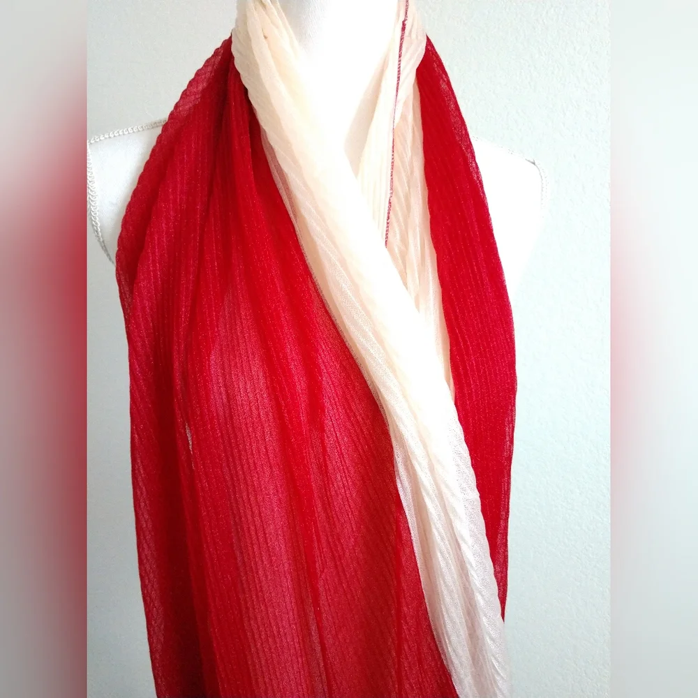 Wide Red White Colorblock Pleated Infinity Scarf Circle Loop Fashion Statement